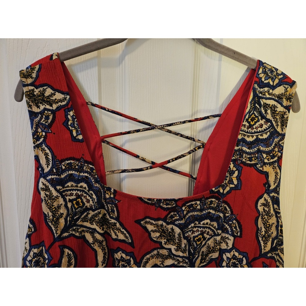 Maurices Red Floral Skater Lined Crisscross Back Gauzy Sleeveless Dress, Plus 2X - Picture 2 of 9